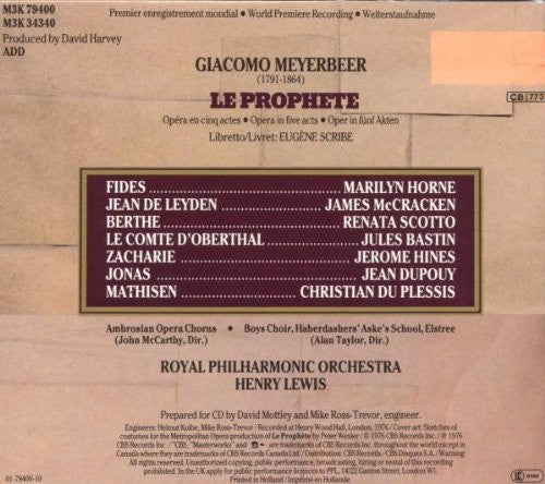 Giacomo Meyerbeer, Henry Lewis, Royal Philharmonic Orchestra, Marilyn Horne, Renata Scotto, James McCracken, John McCarthy : Le Prophete (3xCD + Box)