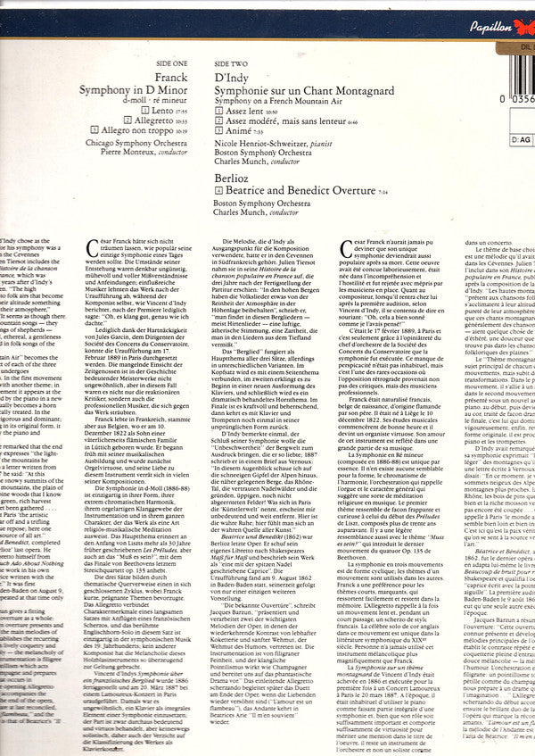 César / Hector Berlioz / Vincent D'Indy / Chicago Symphony Orchestra, Pierre Monteux, Nicole Henriot-Schweitzer, Boston Symphony Orchestra, Charles Munch : Symphony In D Minor / Beatrice And Benedict Overture / Symphonie Sur Un Chant Montagnard = Symphony On A French Mountain Air (LP, Comp, RE, RM)
