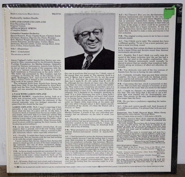 Aaron Copland, Columbia Chamber Orchestra : Copland Conducts Copland: Appalachian Spring (Complete Ballet) (LP, Album, Quad)
