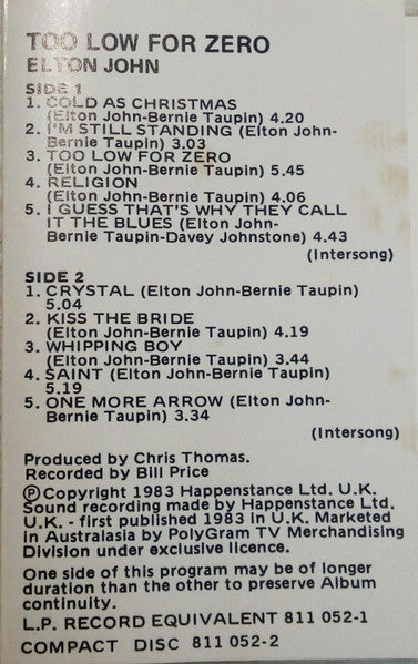 Elton John : Too Low For Zero (Cass, Album)
