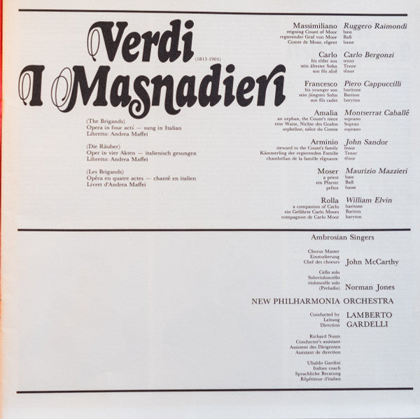 Giuseppe Verdi, Montserrat Caballé, Carlo Bergonzi, Piero Cappuccilli, Ruggero Raimondi, The Ambrosian Singers, New Philharmonia Orchestra, Lamberto Gardelli : I Masnadieri (3xLP, Album + Box)