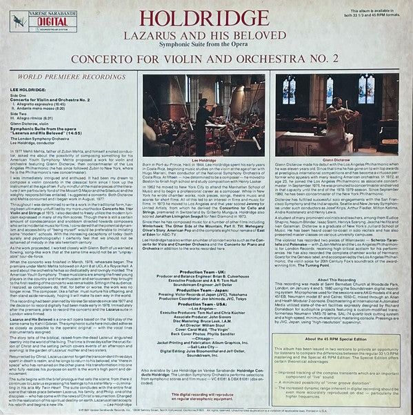 Lee Holdridge - Glenn Dicterow, London Symphony Orchestra : Concerto For Violin And Orchestra No. 2 / Lazarus And His Beloved (LP, Album, S/Edition)