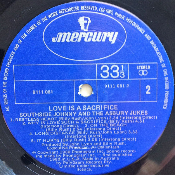 Southside Johnny & The Asbury Jukes : Love Is A Sacrifice (LP, Album)