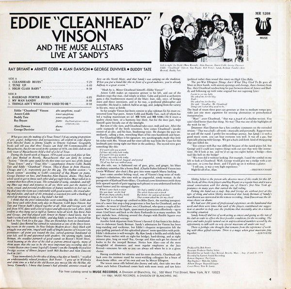 Eddie "Cleanhead" Vinson And The Muse Allstars* : Live At Sandy's (LP, Album)