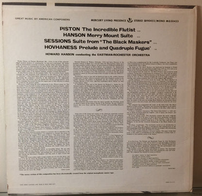 Walter Piston, Roger Sessions, Howard Hanson, Alan Hovhaness, Eastman-Rochester Orchestra : The Incredible Flutist / Suite From "The Black Maskers" / Merry Mount Suite / Prelude & Quadruple Fugue (LP)