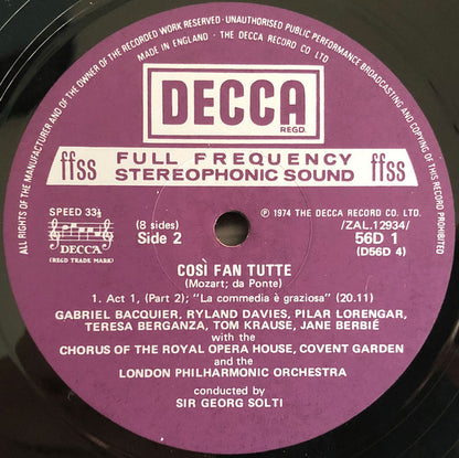 Wolfgang Amadeus Mozart, Pilar Lorengar, Gabriel Bacquier, Ryland Davies, Teresa Berganza, Jane Berbié, Tom Krause, London Philharmonic Orchestra, Georg Solti : Cosí Fan Tutte (4xLP, RP + Box)