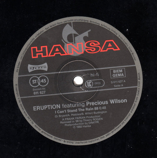 Eruption (4) Featuring Precious Wilson : I Can't Stand The Rain 88 (12", Maxi)