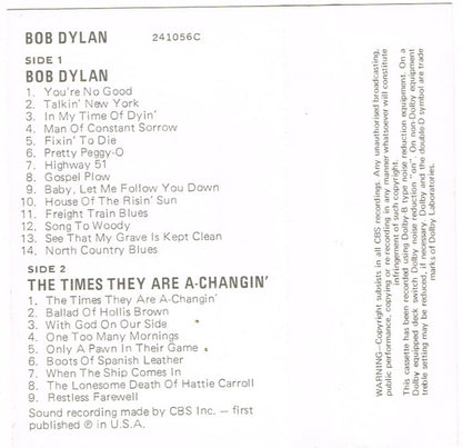 Bob Dylan : Bob Dylan / The Times They Are A-Changin' (Cass, Album, Comp)