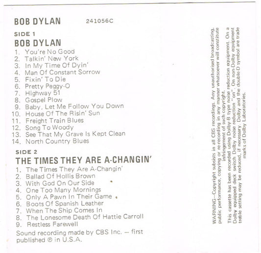 Bob Dylan : Bob Dylan / The Times They Are A-Changin' (Cass, Album, Comp)