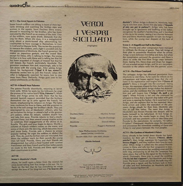 Martina Arroyo, Placido Domingo, Sherrill Milnes, Ruggero Raimondi, James Levine (2), New Philharmonia Orchestra, John Alldis Choir : Verdi - I Vespri Siciliani (Highlights) (LP, Album, Quad)
