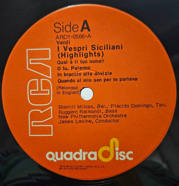 Martina Arroyo, Placido Domingo, Sherrill Milnes, Ruggero Raimondi, James Levine (2), New Philharmonia Orchestra, John Alldis Choir : Verdi - I Vespri Siciliani (Highlights) (LP, Album, Quad)