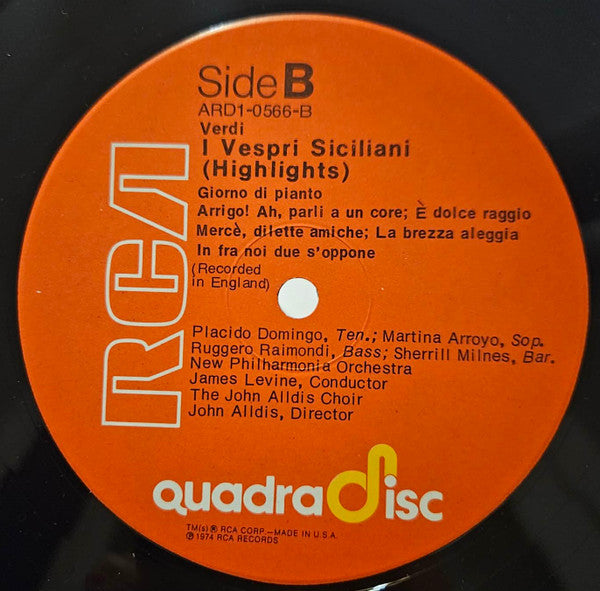 Martina Arroyo, Placido Domingo, Sherrill Milnes, Ruggero Raimondi, James Levine (2), New Philharmonia Orchestra, John Alldis Choir : Verdi - I Vespri Siciliani (Highlights) (LP, Album, Quad)