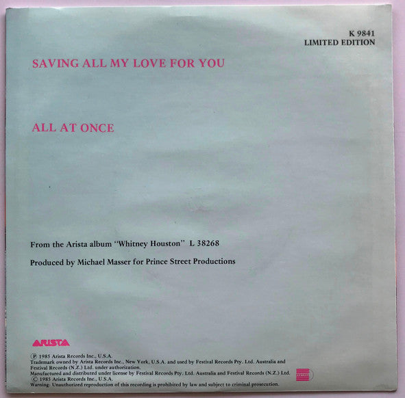 Whitney Houston : Saving All My Love For You (7", Single, Ltd)