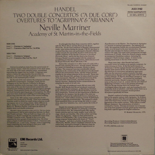 Handel* - Neville Marriner*, Academy Of St. Martin-in-the-Fields* : Two Double Concertos ("A Due Cori") / Overtures To "Agrippina" & "Arianna" (LP, Album, Quad)