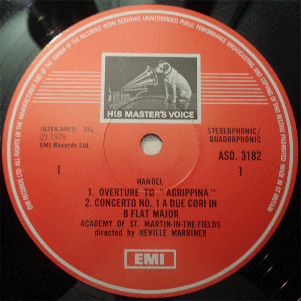 Handel* - Neville Marriner*, Academy Of St. Martin-in-the-Fields* : Two Double Concertos ("A Due Cori") / Overtures To "Agrippina" & "Arianna" (LP, Album, Quad)