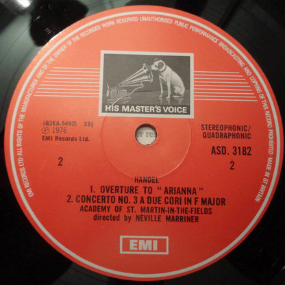 Handel* - Neville Marriner*, Academy Of St. Martin-in-the-Fields* : Two Double Concertos ("A Due Cori") / Overtures To "Agrippina" & "Arianna" (LP, Album, Quad)