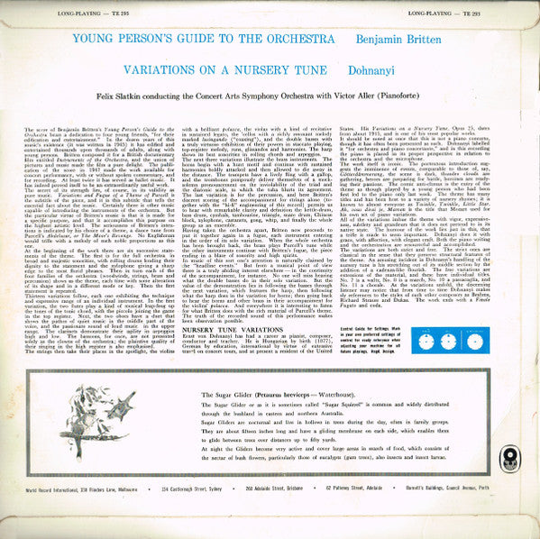 Benjamin Britten / Ernst von Dohnányi / Felix Slatkin Conducting The Concert Arts Orchestra With Victor Aller : Young Person's Guide To The Orchestra / Variations On A Nursery Tune (LP, Album, Mono, Club)