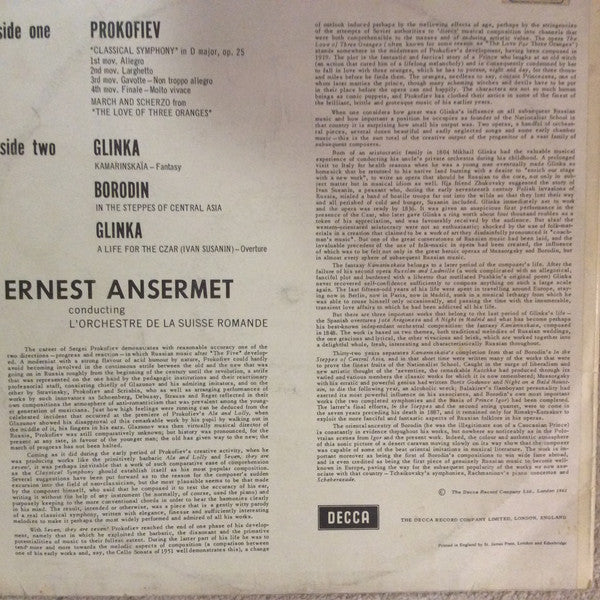Sergei Prokofiev / Mikhail Ivanovich Glinka / Alexander Borodin, Ernest Ansermet, L'Orchestre De La Suisse Romande : Classical Symphony / March And Scherzo / Kamarinskaïa Fantasy / A Life For The Czar / In The Steppes Of Central Asia (LP, Mono)