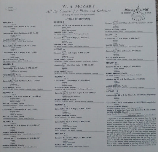 Wolfgang Amadeus Mozart : All The Concerti For Piano And Orchestra - Excluding The Double And Triple Concerti (12xLP + Box, Comp)