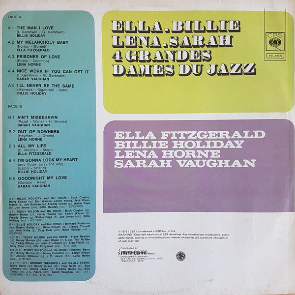 Billie Holiday, Ella Fitzgerald, Lena Horne, Sarah Vaughan : Billie, Ella, Lena, Sarah - 4 Grandes Dames Du Jazz (LP, Comp, Mono)
