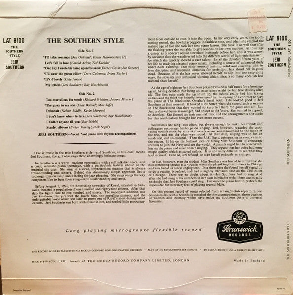 Jeri Southern : The Southern Style (LP, Album, Mono)