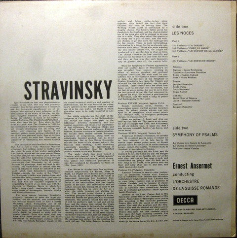 Stravinsky*, Ansermet*, L'Orchestre De La Suisse Romande : Les Noces / Symphony Of Psalms (LP, Album, Mono, Ora)