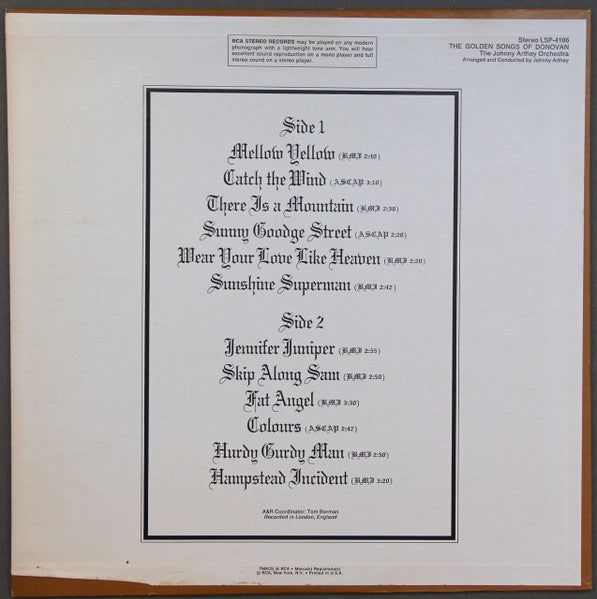 The Johnny Arthey Orchestra* : The Golden Songs Of Donovan (LP, Album, Ind)