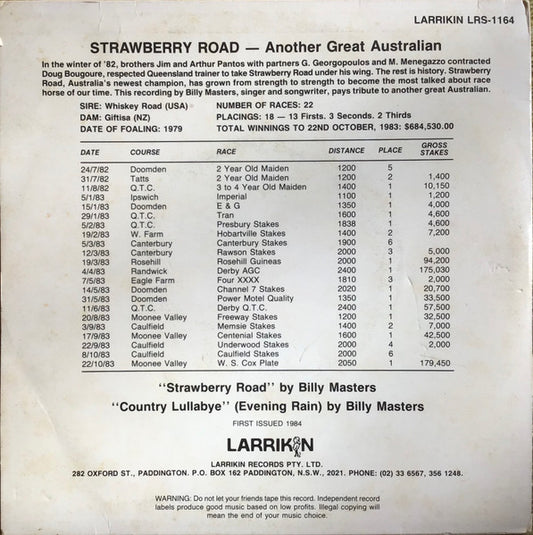 Billy Masters (3) : Strawberry Road (7", Single)