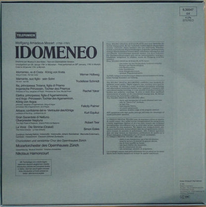 Wolfgang Amadeus Mozart, Werner Hollweg, Trudeliese Schmidt, Rachel Yakar, Felicity Palmer, Kurt Equiluz, Robert Tear, Simon Estes, Mozartorchester Des Opernhauses Zürich & Chor der Oper Zürich, Nikolaus Harnoncourt : Idomeneo (4xLP, Blu + Box)