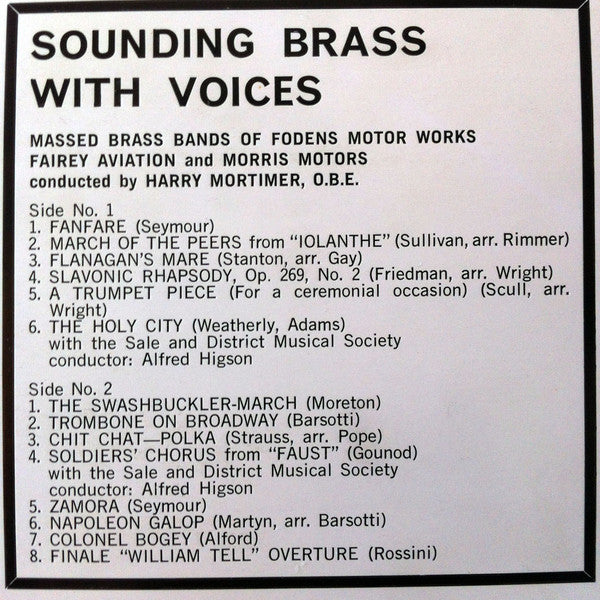 Massed Brass Bands Of Fodens, Fairey Aviation & Morris Motors Conducted By Harry Mortimer : Sounding Brass With Voices (LP, Album, Club)
