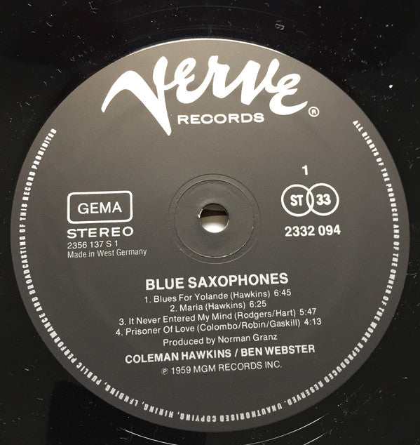 Coleman Hawkins & Ben Webster : Blue Saxophones (LP, Album)