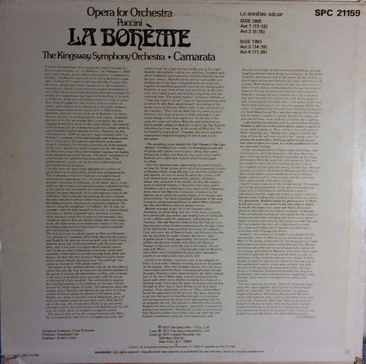 The Kingsway Symphony Orchestra, Tutti Camarata : La Bohème Opera Para Orquesta (LP)