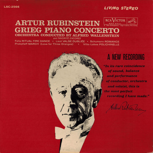 Arthur Rubinstein, Alfred Wallenstein - Edvard Grieg, Manuel De Falla, Franz Liszt, Robert Schumann, Sergei Prokofiev, Heitor Villa-Lobos : Grieg Piano Concerto (and Favorite Encores) (LP, Album)