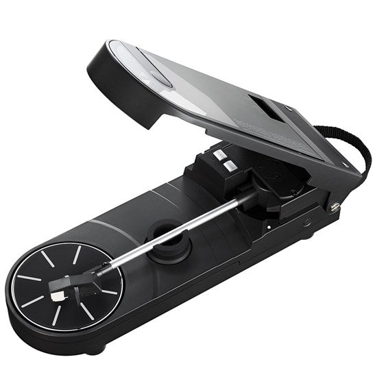 Audio Technica sound burger at-sb727 portable usb and bluetooth turntable in black from above front three quarter open