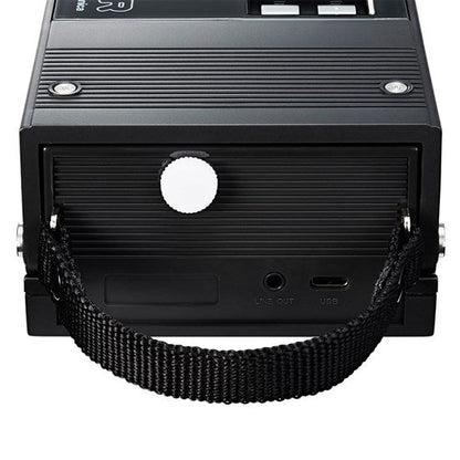 Audio Technica sound burger at-sb727 portable usb and bluetooth turntable in black from end showing carry handle charge point and line out plug