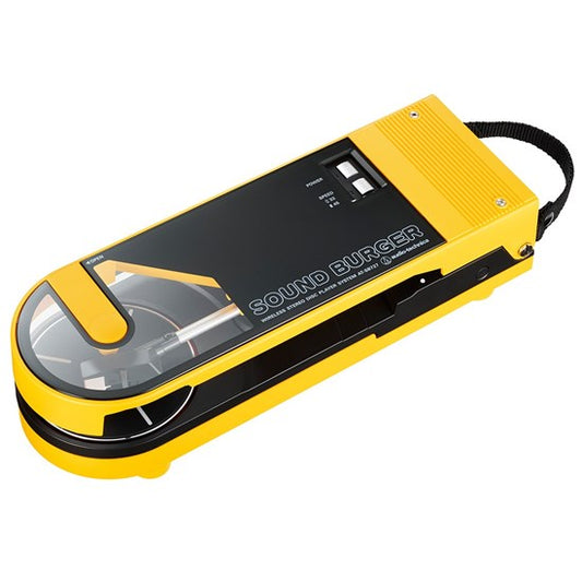 Audio Technica sound burger at-sb727 portable usb and bluetooth turntable in yellow from above front three quarter