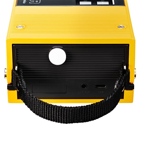 Audio Technica sound burger at-sb727 portable usb and bluetooth turntable in yellow from end showing carry handle charge point and line out plug