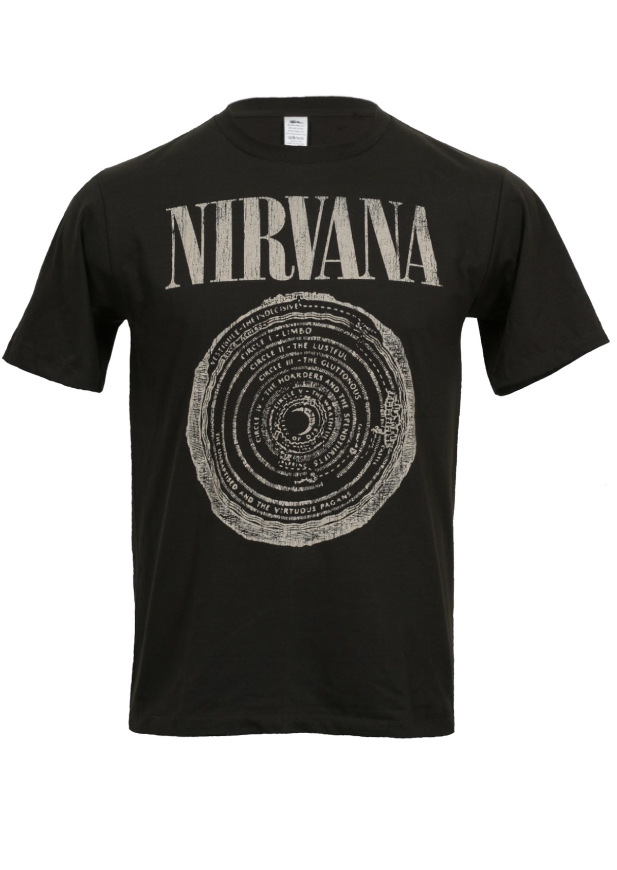 black cotton t-shirt with Nirvana logo and circle of hell graphic printed on front
