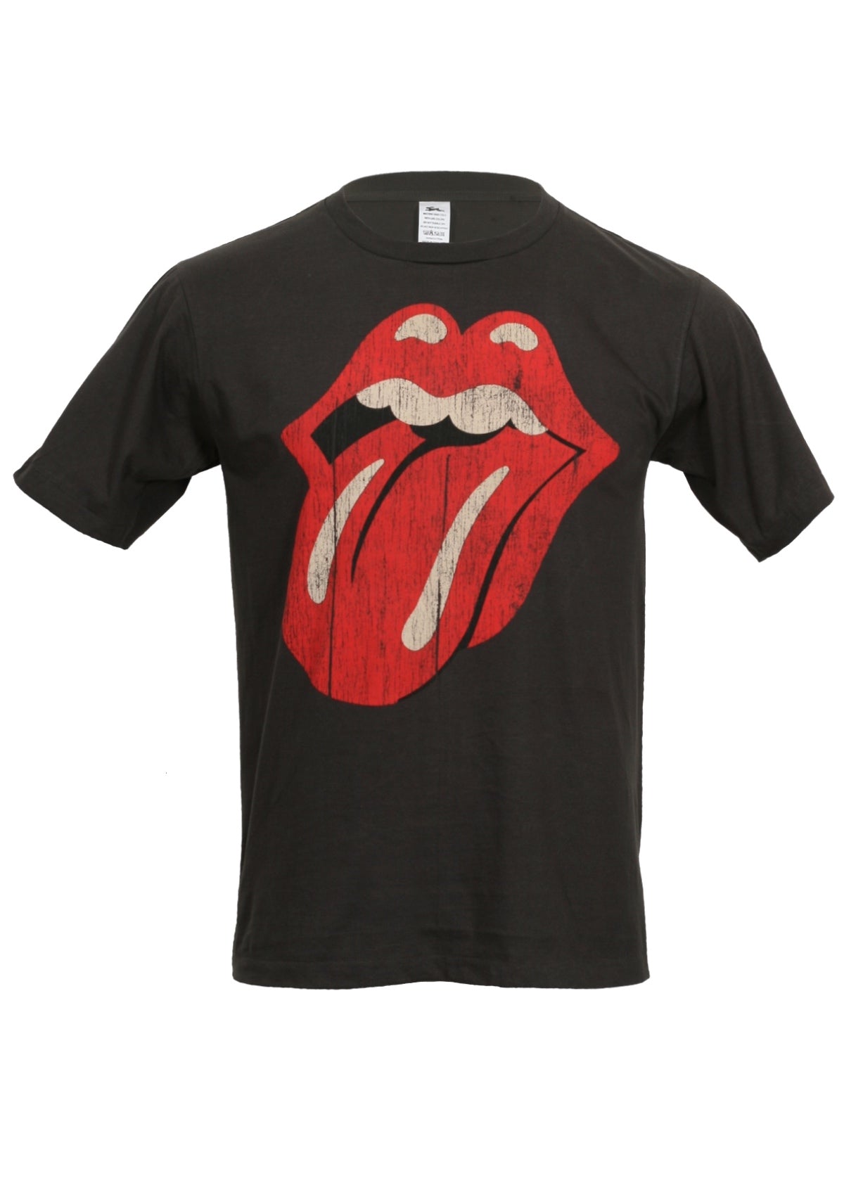 black cotton t-shirt with rolling stones tongue and lips logo printed on front