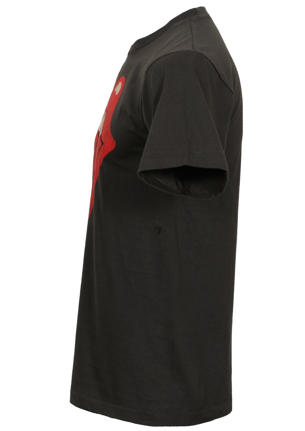 black cotton t-shirt with rolling stones tongue and lips logo printed on front from side
