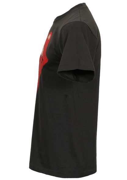black cotton t-shirt with rolling stones tongue and lips logo printed on front from side