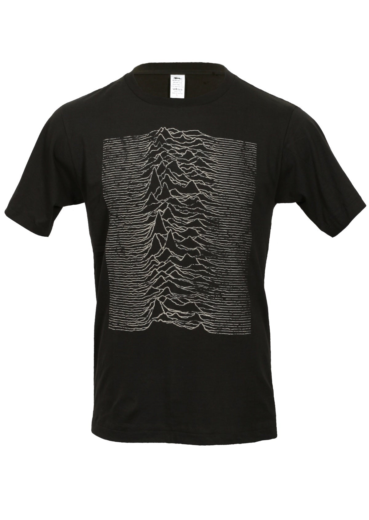 black cotton t-shirt with graphic from the joy division unknown pleasures album cover print on front