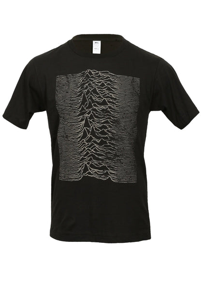 black cotton t-shirt with graphic from the joy division unknown pleasures album cover print on front