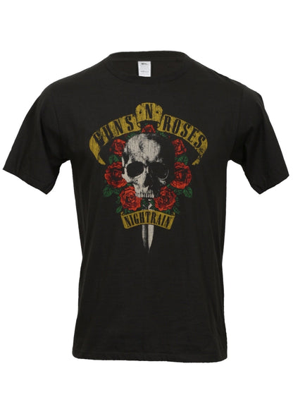 black cotton t-shirt with guns 'n' roses nightrain skull and roses graphic print on front