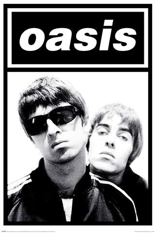 Black and white poster of two individuals with sunglasses, featuring the word 'oasis' at the top.