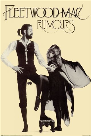 Black and white illustration of two people holding hands with 'Fleetwood Mac Rumours' text above.