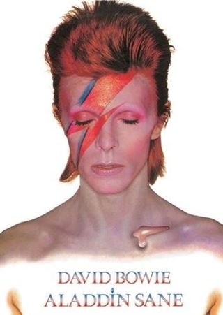 Album cover of 'Aladdin Sane' by David Bowie with a stylized face design.