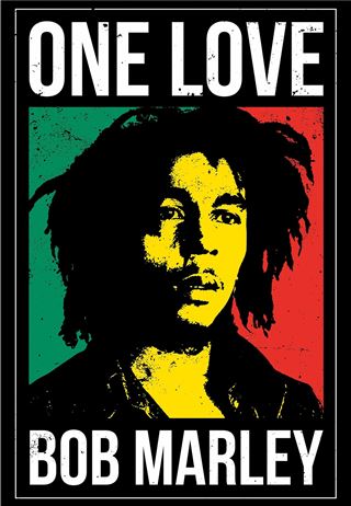 Bob Marley portrait with 'One Love' text on a colorful background