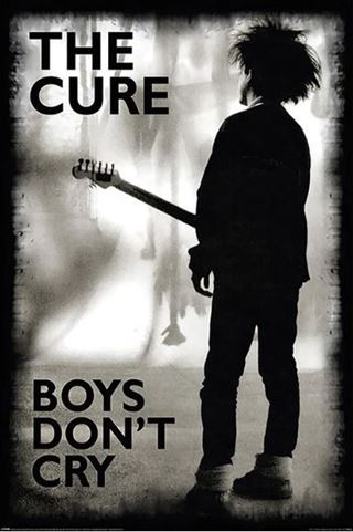 Black and white poster of a person holding a guitar with 'The Cure' and 'Boys Don't Cry' text.
