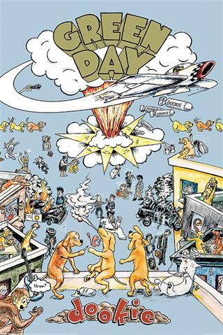 Illustrated album cover for 'Dookie' by Green Day featuring cartoon characters and dynamic elements.